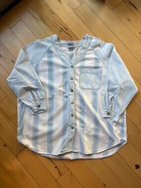 VTG 90s Kikomo Striped Chambray Blouse Oversized Blue White Coastal Grandma 2X